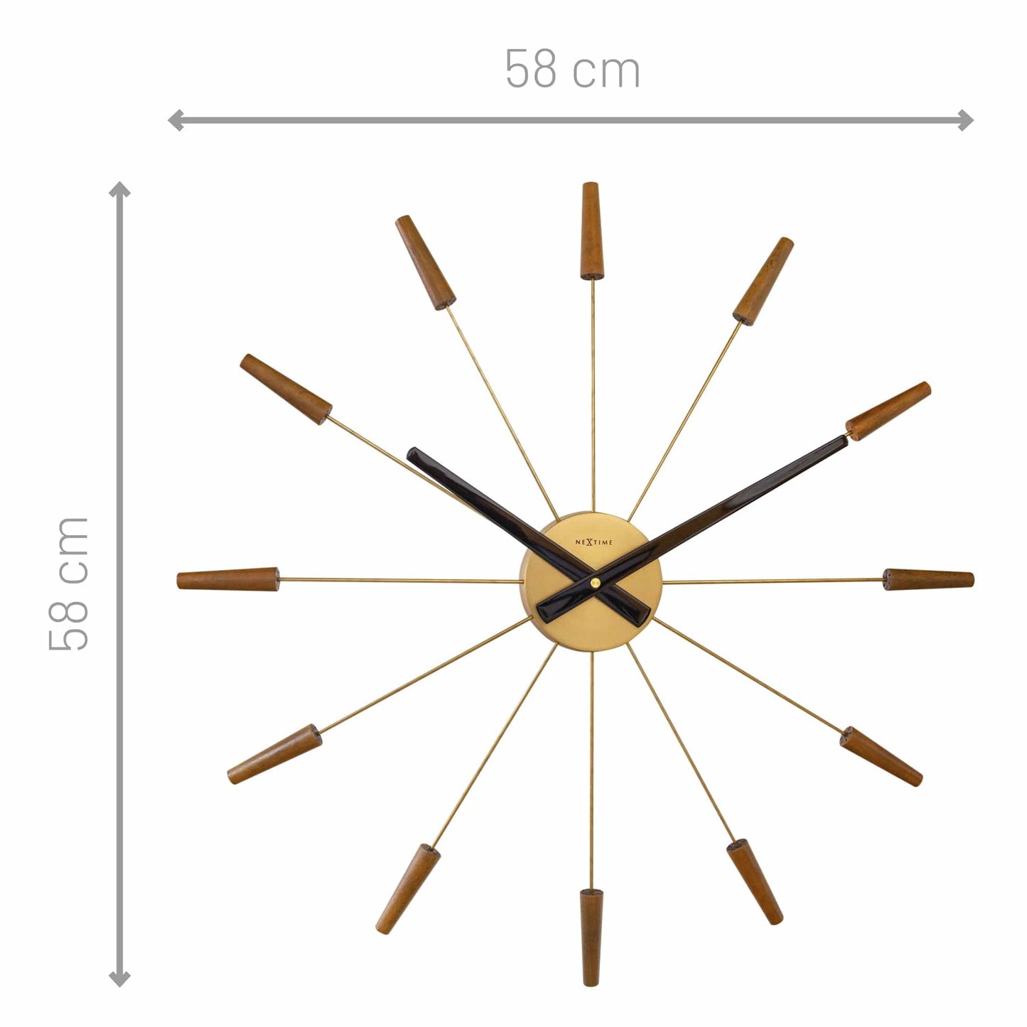 Large 58cm NeXtime wall clock with silent movement, wood and stainless steel design, featuring modern, minimalist style.