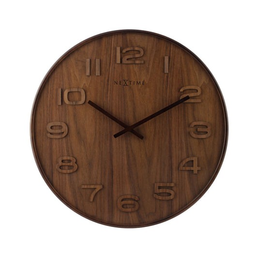 NeXtime Clocks wooden wall clock, 35 cm diameter, modern design with a natural wood finish, 'Wood Wood Medium' style.