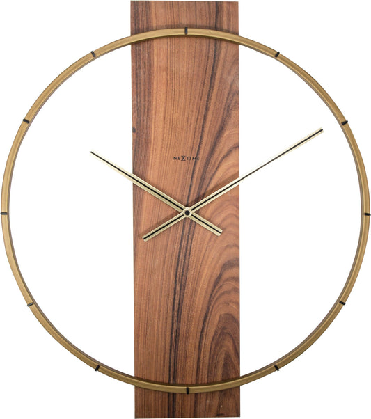 NeXtime wall clock with wooden face and steel frame, measuring 50.8 x 58.2 x 4.3 cm, modern design for home decor.
