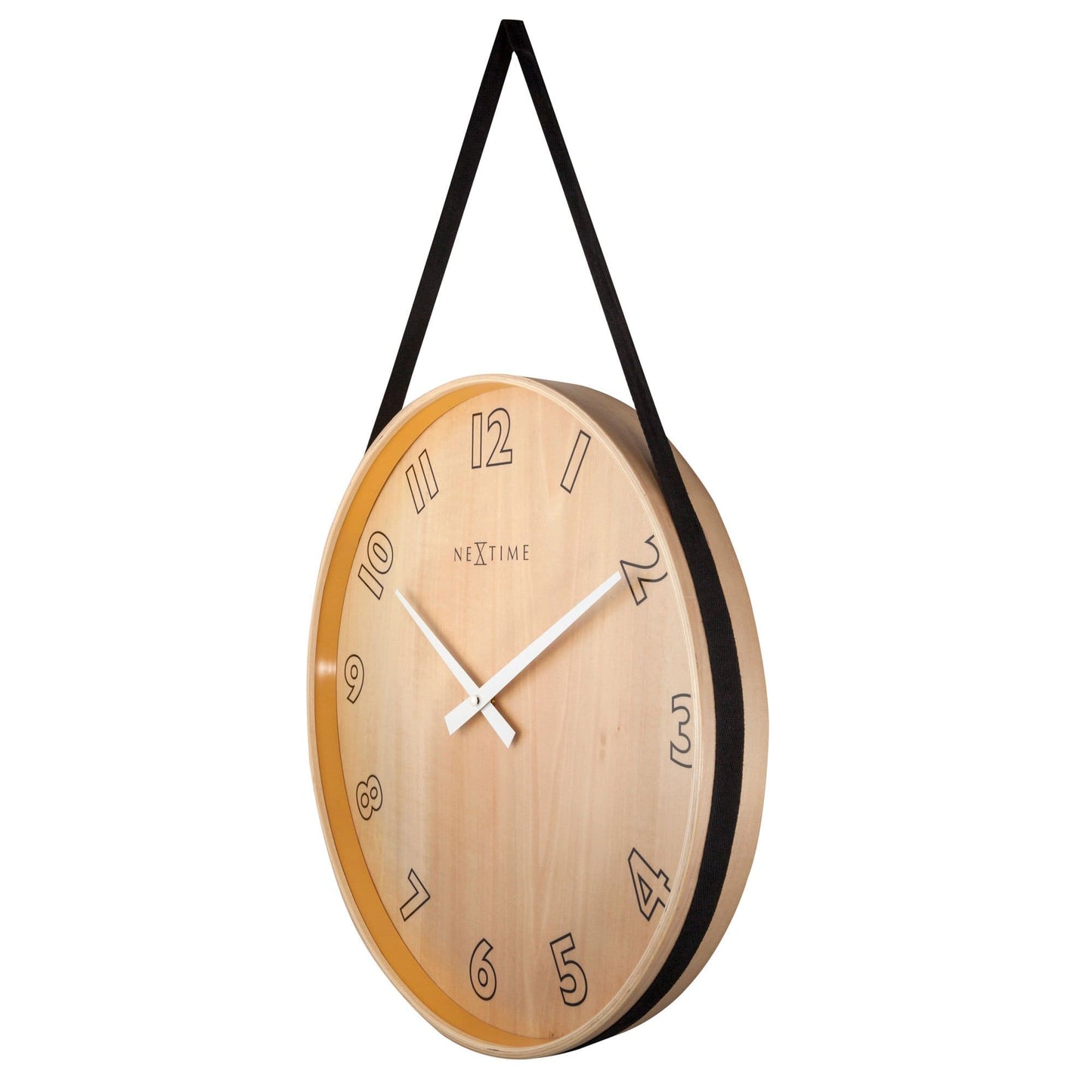 NeXtime Wall Clock Loop Big, 40cm wooden and fabric design, showing the right side with modern, stylish clock face.