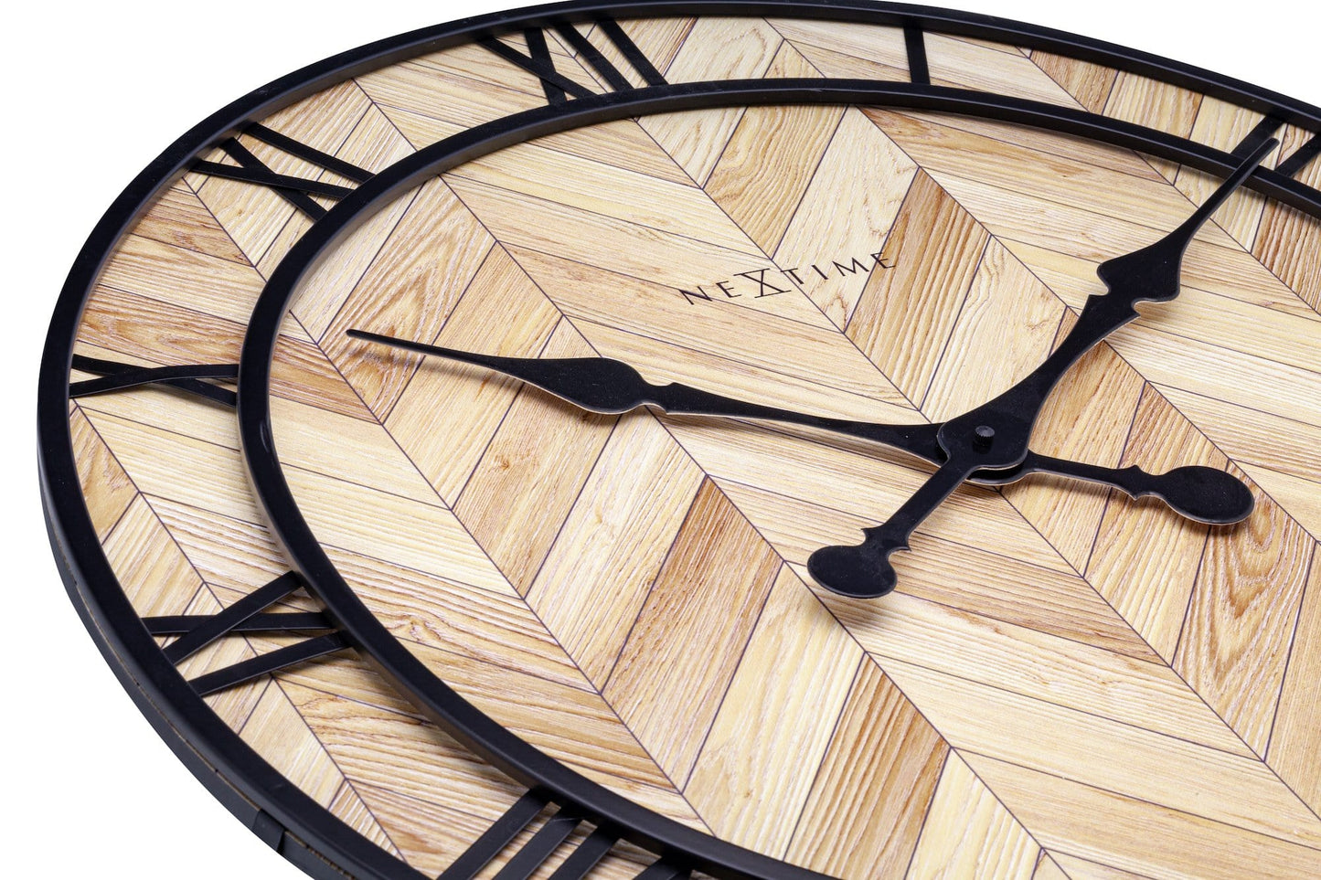 NeXtime Vintage Roman wall clock with 58cm wooden and metal design, featuring classic Roman numeral detailing.