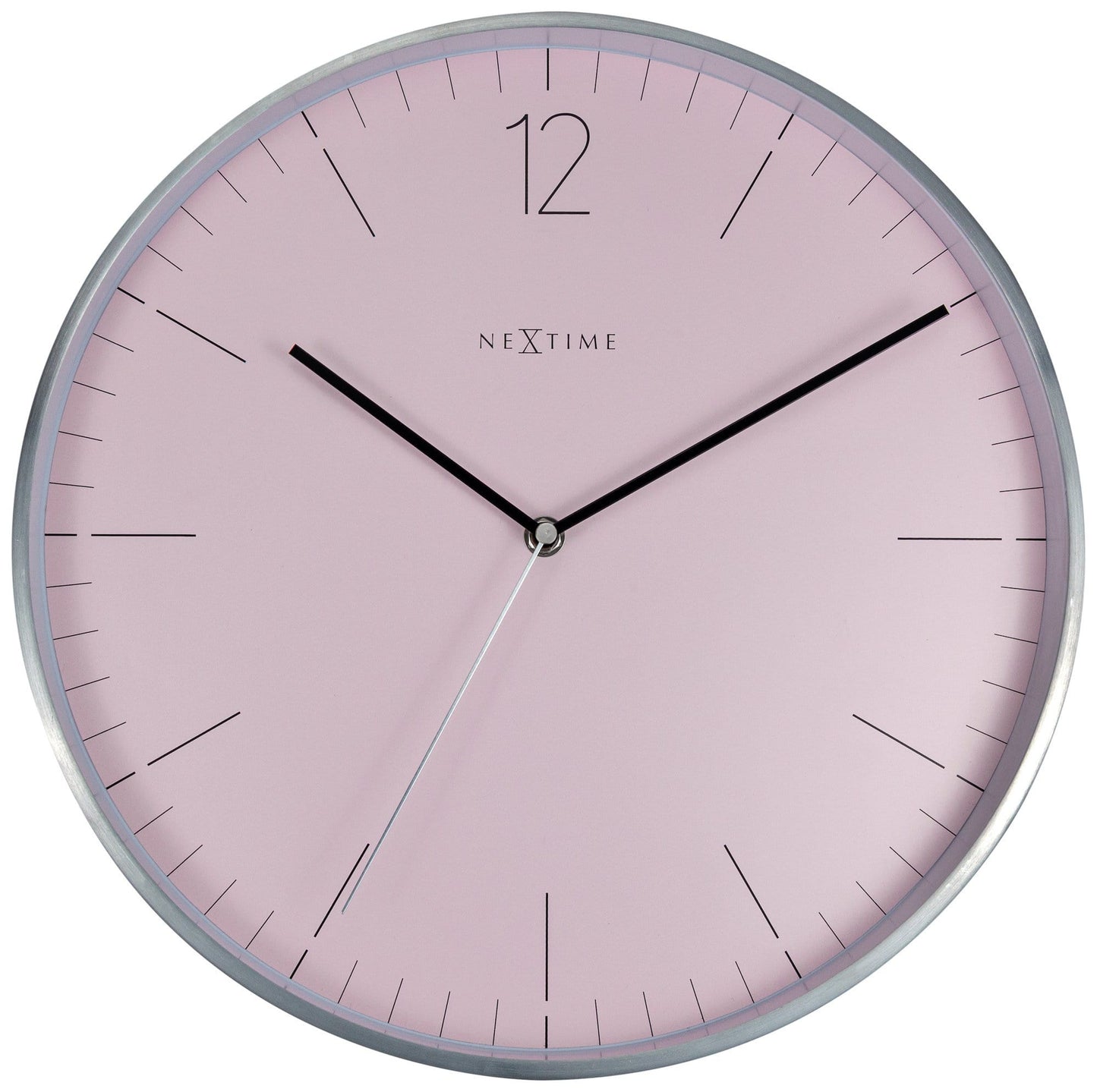 Elegant NeXtime Essential Silver wall clock with a 34cm glass and metal design, showcasing a sleek, modern look.
