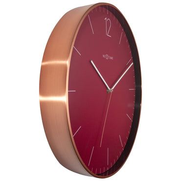 Large red NeXtime wall clock with metal frame and glass face, 40cm silent clock for home or office decor.