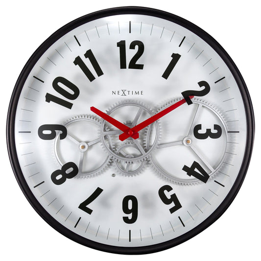 Modern NeXtime Gear Clock with moving gears, 36cm metal and glass wall clock, showcasing intricate gear design and sleek modern style.