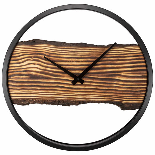 NeXtime Clocks wooden wall clock with silent mechanism, 30cm diameter, featuring a forest-themed wood and metal design.