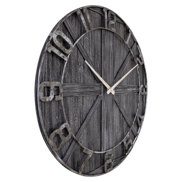 Large 50cm NeXtime York wall clock with wooden and metal design, silent movement, shown from the left side.