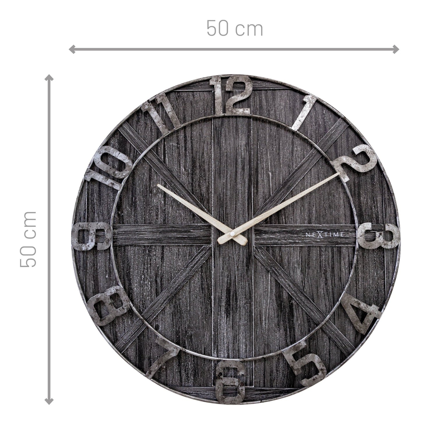 Large 50cm NeXtime York wall clock with wooden and metal design, silent operation, perfect for modern home decor.