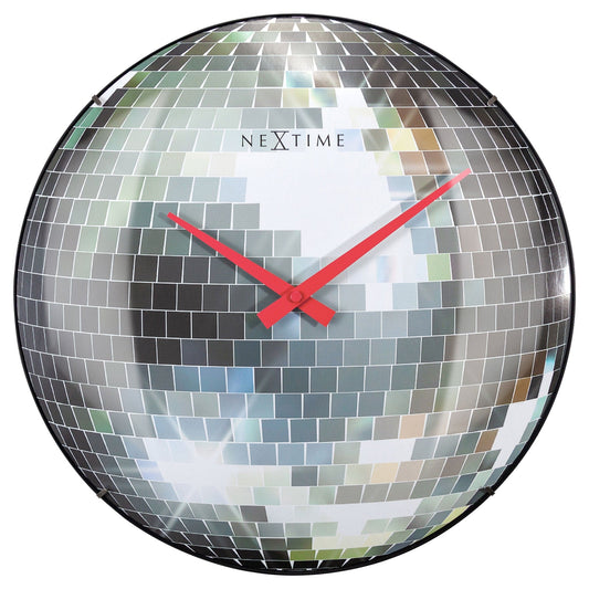NeXtime Clocks wall clock, 35cm silent dome glass design with disco ball style face, modern home decor timepiece.