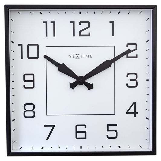 Silent metal wall clock, 35x35cm, Arabic numerals, "Be Square" design by NeXtime Clocks, featuring a modern square shape.