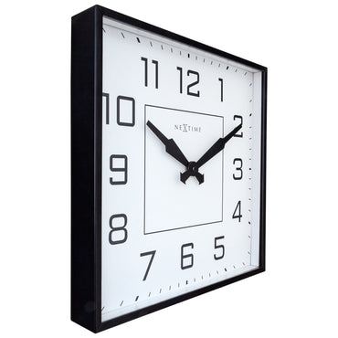 NeXtime Clocks Be Square wall clock, 35x35cm, silent metal design with Arabic numerals, shown from left side.