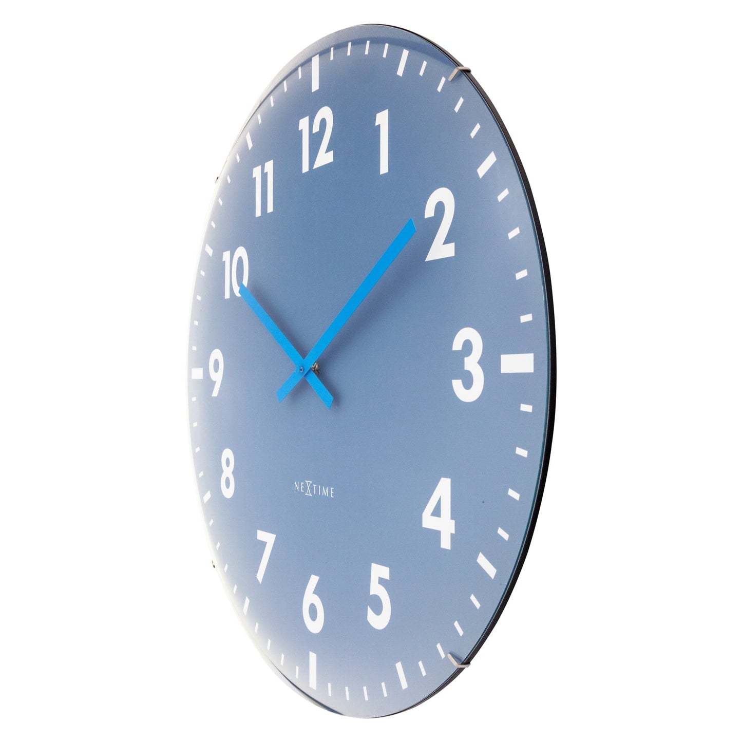 Large NeXtime Duomo 50cm wall clock with domed glass lens, silent mechanism, and sleek glass design shown from the right side.