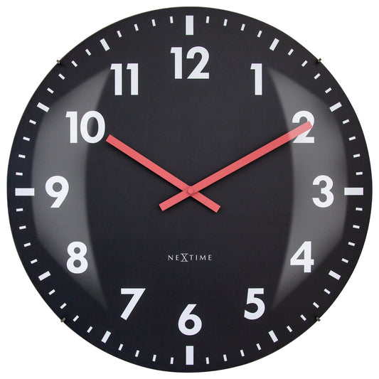 Large 50cm NeXtime Duomo wall clock with domed glass lens, silent movement, and modern design.