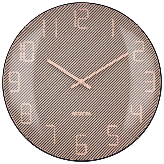 NeXtime Clocks wall clock with 35cm domed glass lens, silent operation, modern design, and a sleek glass "Shade" finish.