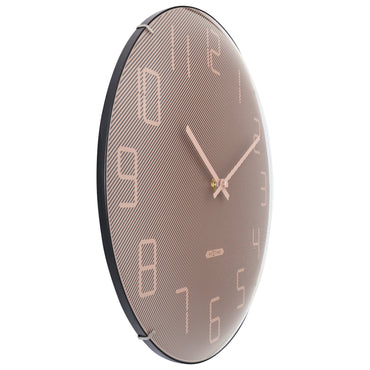 NeXtime Clocks wall clock with 35cm domed glass lens, silent operation, and modern design, shown from the left side.