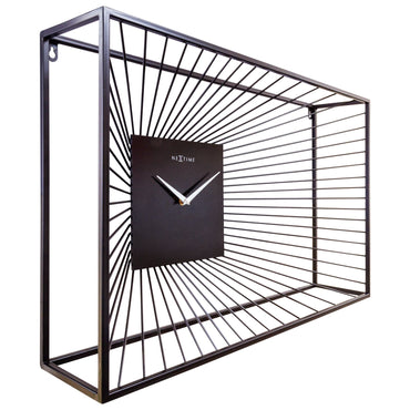 Large black metal NeXtime Vasco wall clock, 70x45x15cm, with silent movement, shown from the left side.