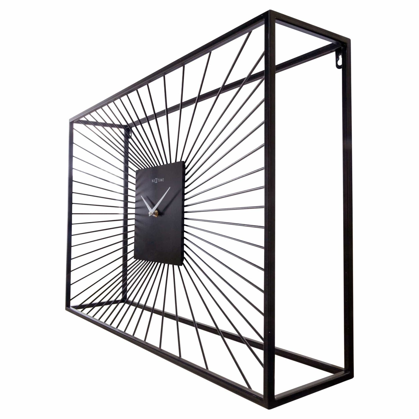 Large black metal wall clock by NeXtime, 70x45x15cm, with silent movement, shown from the right side.