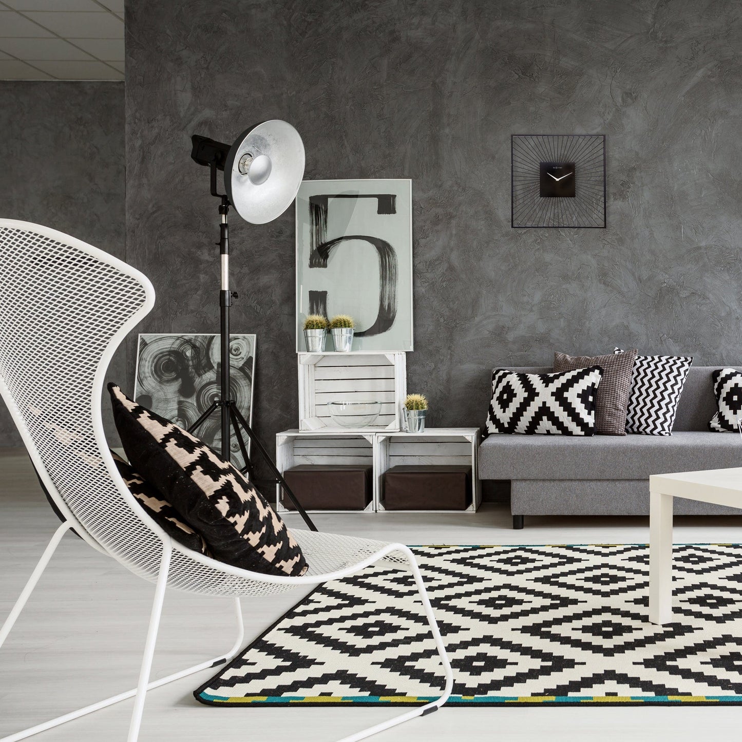 Wall Clock 45x45x15cm - Silent - Black - Metal - "Vasco Square"