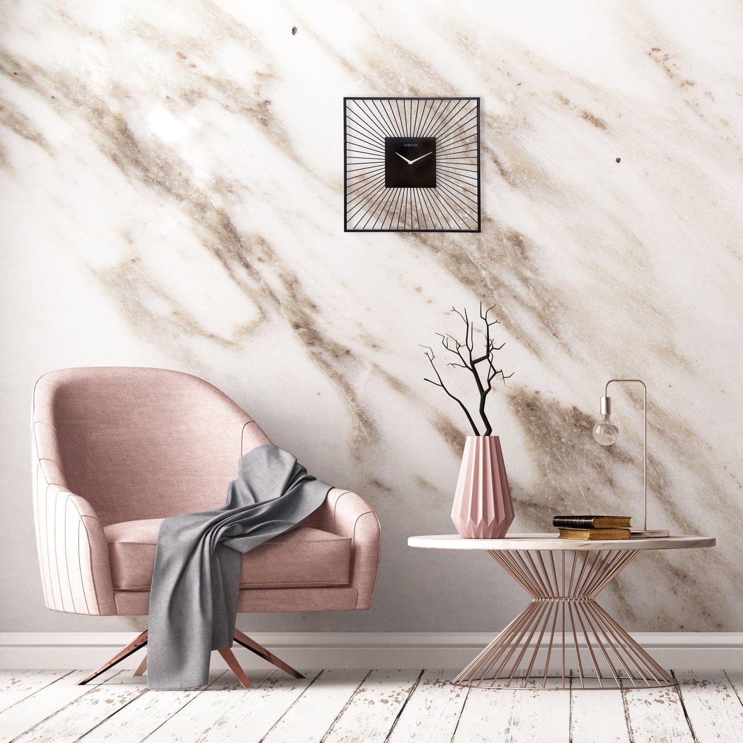 Wall Clock 45x45x15cm - Silent - Black - Metal - "Vasco Square"