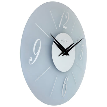 NeXtime Clocks Dali Round wall clock with 43cm glass frosted and mirror finish, silent operation, and modern design.