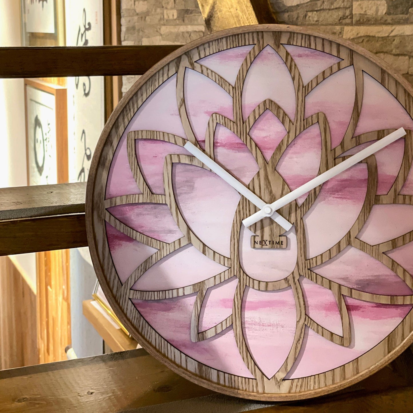 Wall clock 40cm - Silent - Pink - Wood - "Lotus"