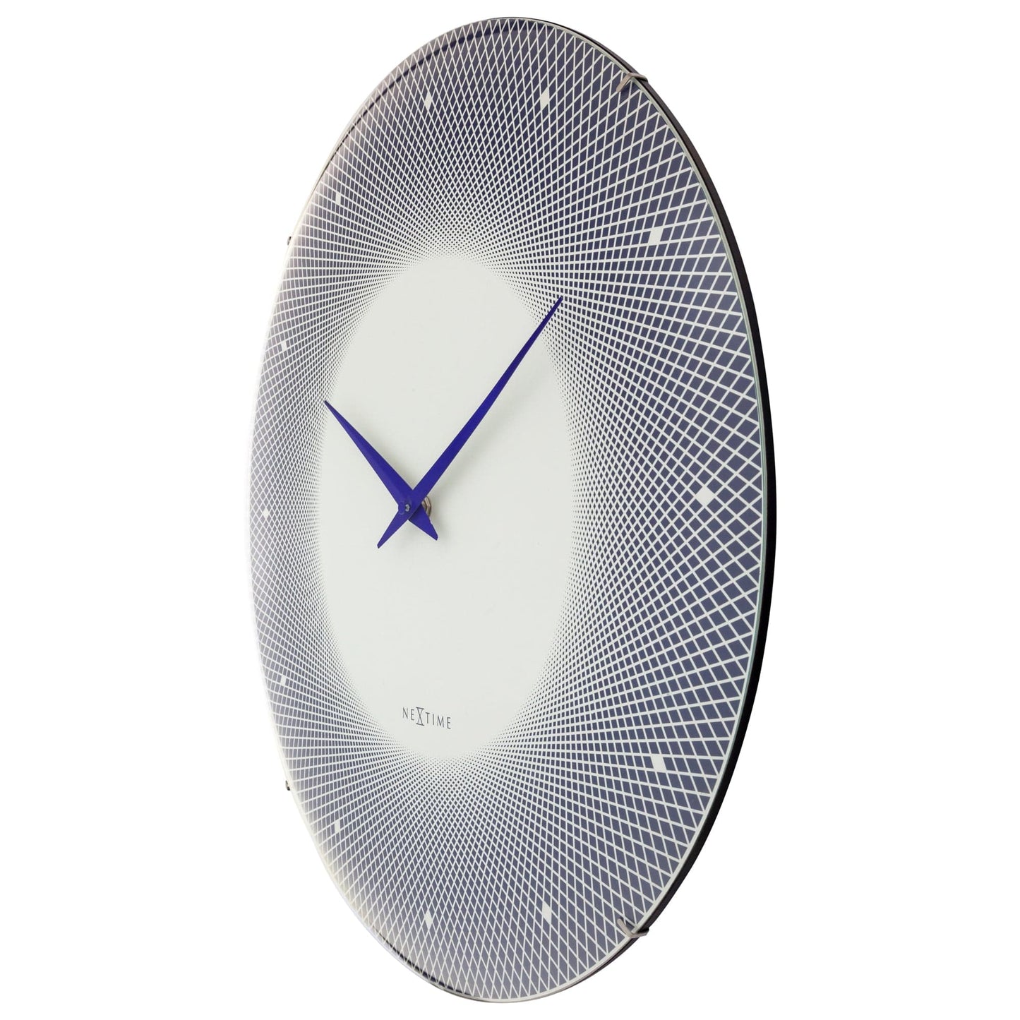 Large NeXtime wall clock with 50cm domed glass lens, silent operation, black frame, and clear clock face.