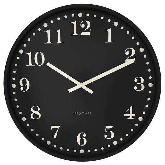 NeXtime Dickens Large black and white 50cm wall clock with silent mechanism and plastic frame, front view.