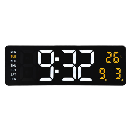NeXtime Super Digi digital wall alarm clock in black with large LED display, measuring 38.8x12.9x3.2cm, made of black ABS plastic.