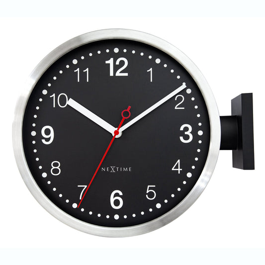 NeXtime wall clock 32.3x28x10cm in white and black with silent movement, aluminum frame, front view.