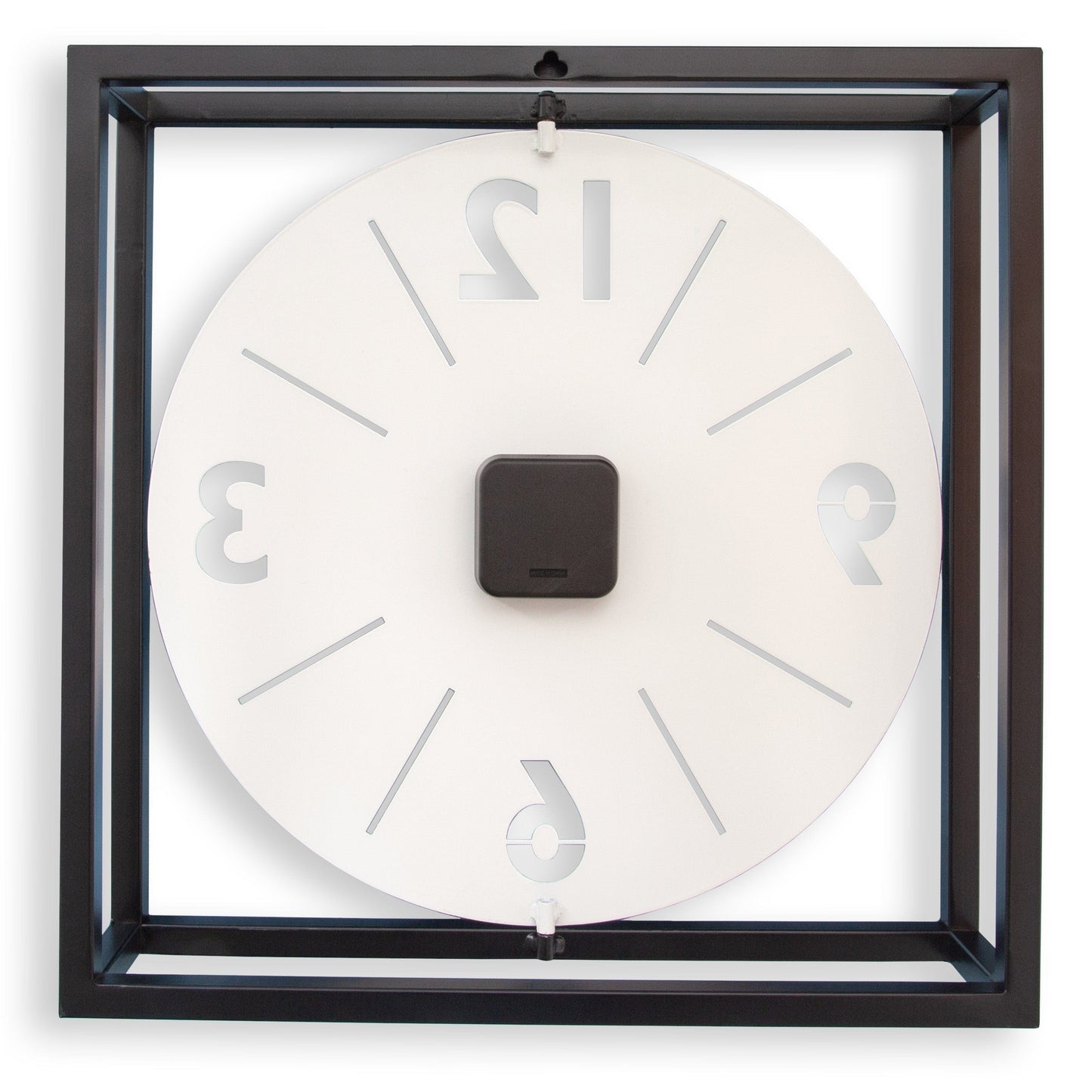 NeXtime 'Time Frame' wall clock with black and white metal design, 40x40x9.5 cm, showing the back view.