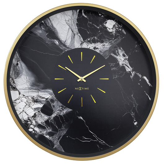 Large NeXtime Marble Duo wall clock, 48cm, silent aluminium design with a modern marble finish, front view.