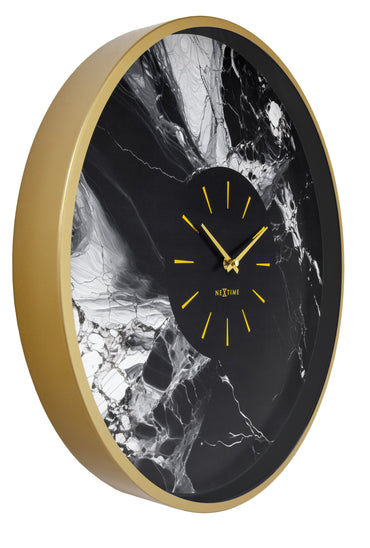 Large NeXtime Marble Duo wall clock, 48cm, silent aluminium design with a modern marble finish, shown from the left side.