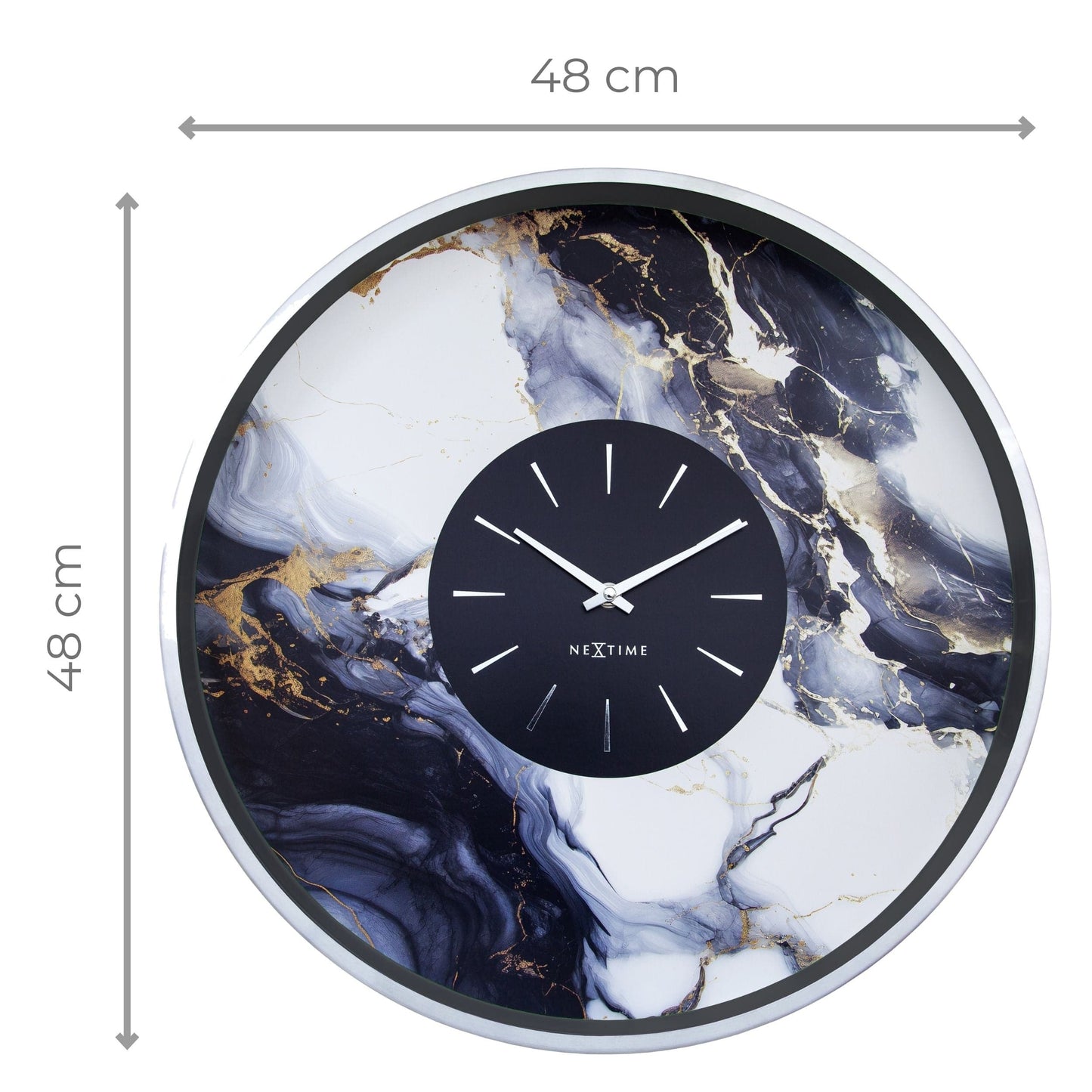 Large 48cm NeXtime Marble Duo wall clock with silent aluminium design, featuring a stylish marble finish.
