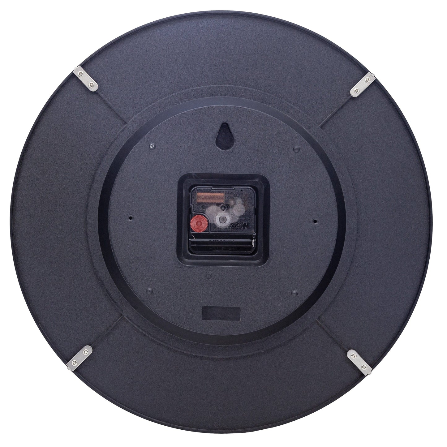 NeXtime Duomo wall clock with 35cm domed glass lens, silent mechanism, black frame, showing clock face and back view