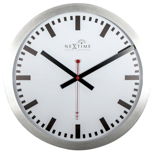 NeXtime wall clock, 35 cm aluminum design with radio-controlled DCF station stripe, modern and sleek for home or office.