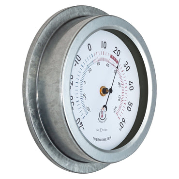 Weatherproof garden thermometer by NeXtime Clocks, 22cm galvanized metal Lily style, showing temperature on a metal dial.