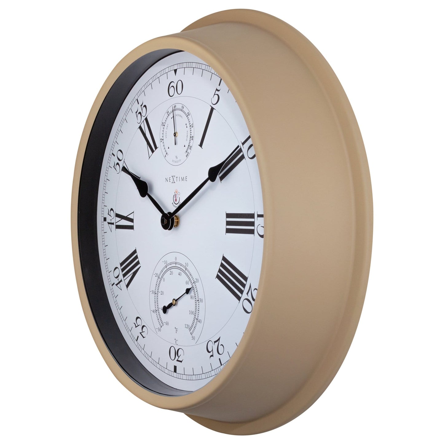 NeXtime Clocks garden wall clock in Hyacinth color, weatherproof metal weatherstation with 40.5 cm diameter, right side view.