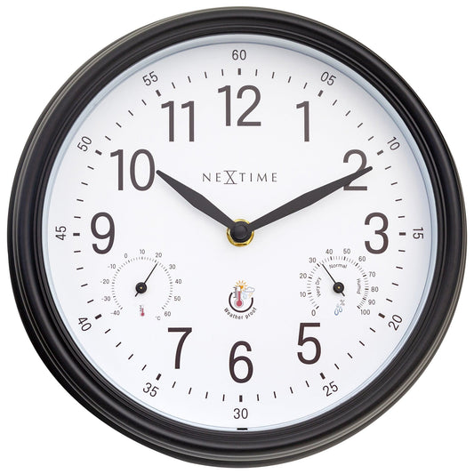 NeXtime Clocks garden weatherstation wall clock, 23.5 cm, weatherproof in Jasmine color, showing time and outdoor weather data.