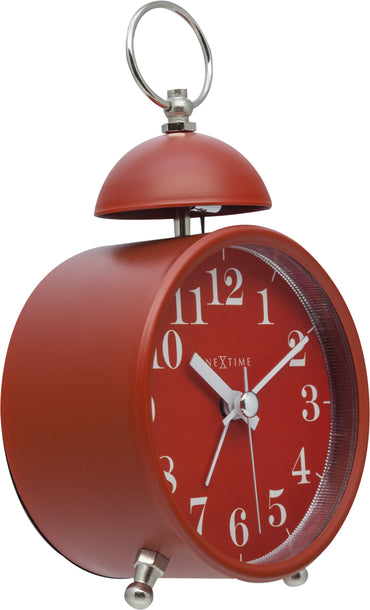 NeXtime Clocks metal alarm clock with a single bell, 16 cm tall, featuring a loud alarm and classic design, shown from the left side.