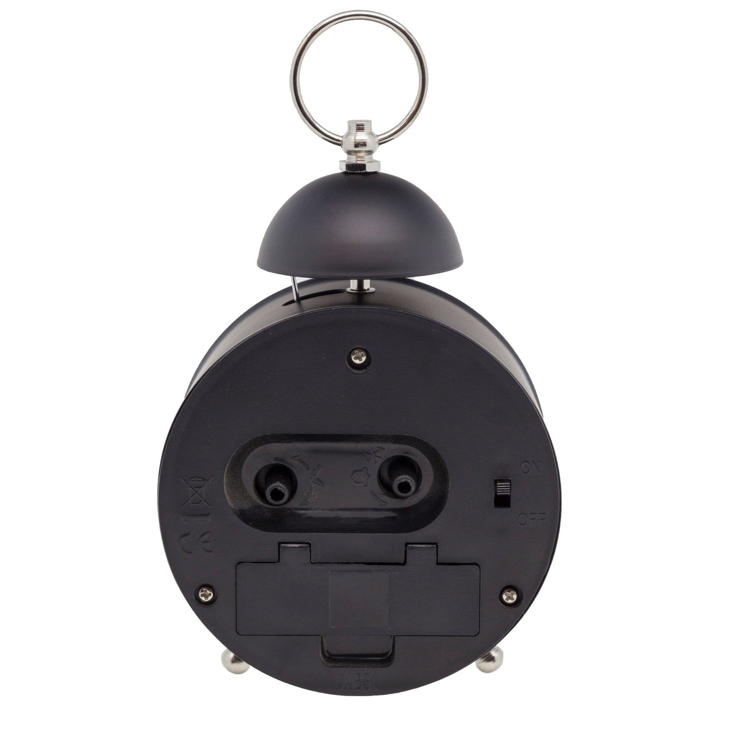 NeXtime Clocks metal alarm clock with a 16cm single bell and loud alarm sound, shown from the back view.