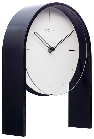 NeXtime Clocks Noa table clock with wooden finish, 27x21x6.5 cm, showing the left side view of the modern desk clock.