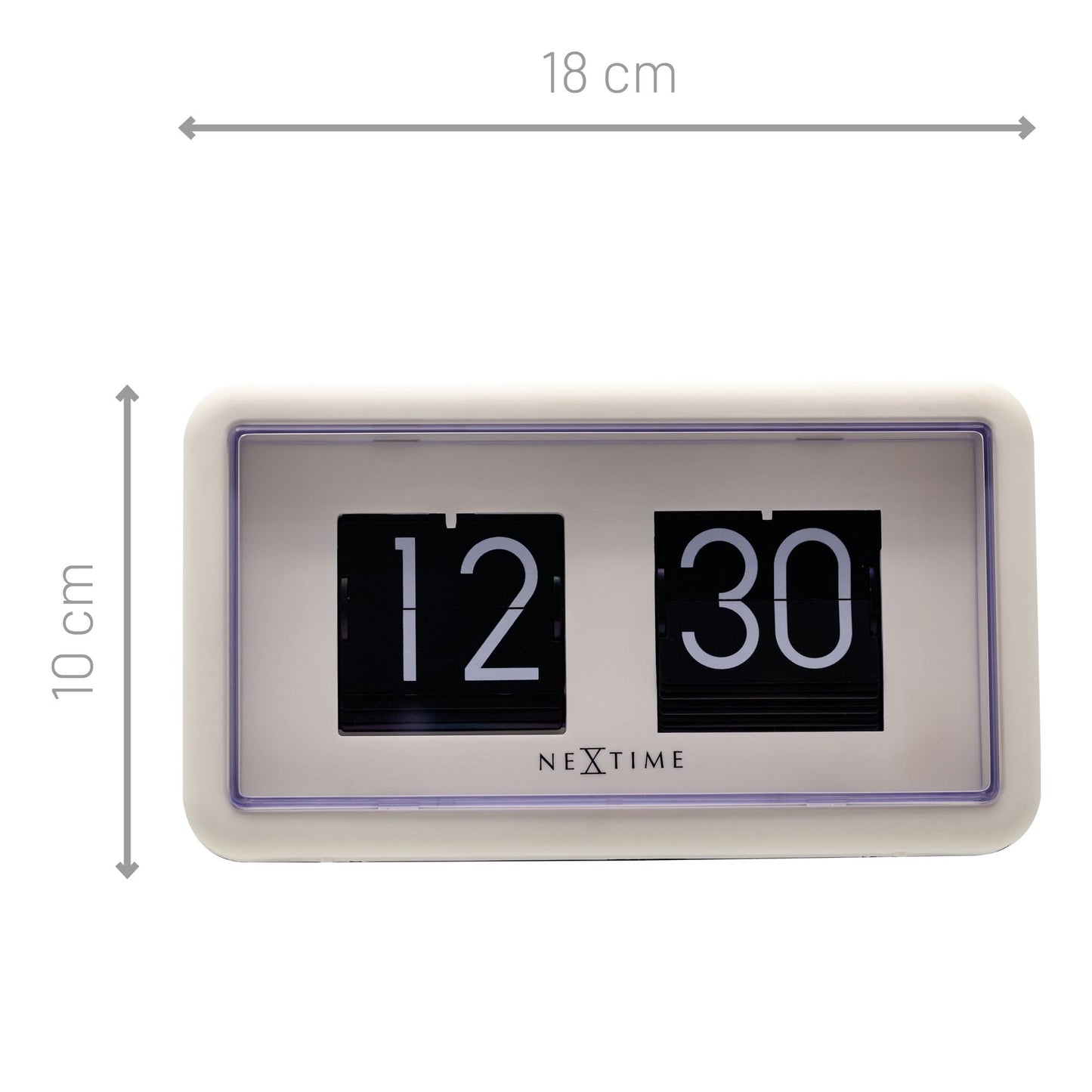 NeXtime flip clock showing time display, designed for table or wall use, measuring 18x10x7cm, with a modern flip mechanism.