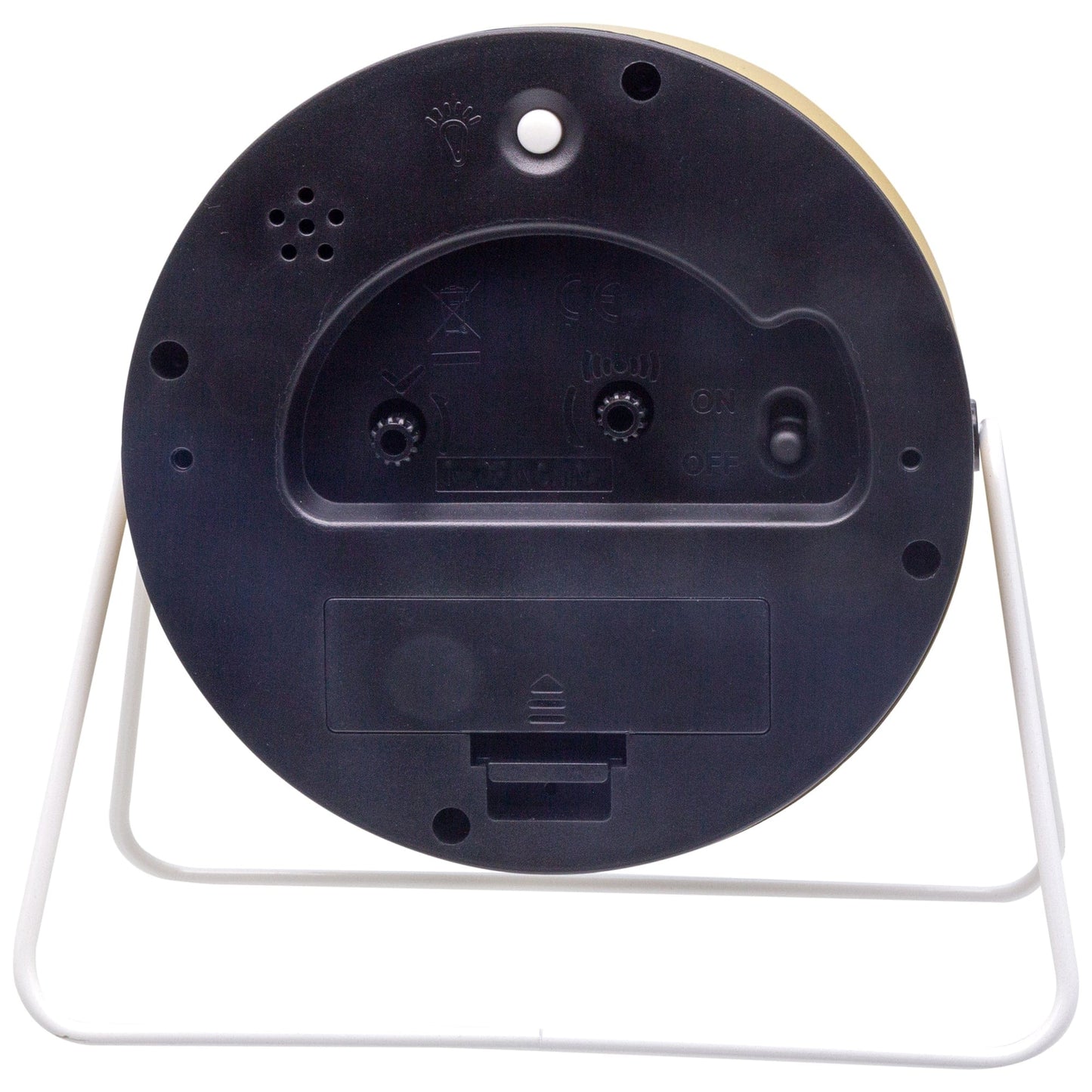 NeXtime Berlin Table Alarm Clock, silent metal clock with a sleek design, 14x13x7cm, viewed from the back showing clock face and stand.