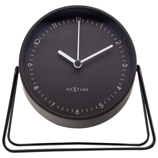 NeXtime Clocks Berlin table alarm clock with silent metal design, 14x13x7cm, shown from the front.