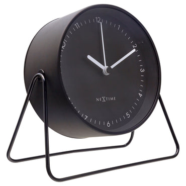 NeXtime Clocks Berlin Table alarm clock, metal design, 14x13x7cm, silent operation, shown from left side.