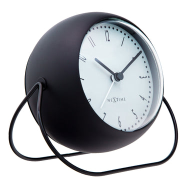 NeXtime Bubble Alarm Clock with metal case, showing the left side, compact 14x12x8cm silent table clock design