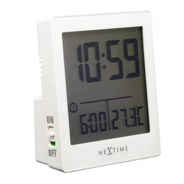 NeXtime digital table alarm clock showing time display, compact size, and sleek design from the left side view.