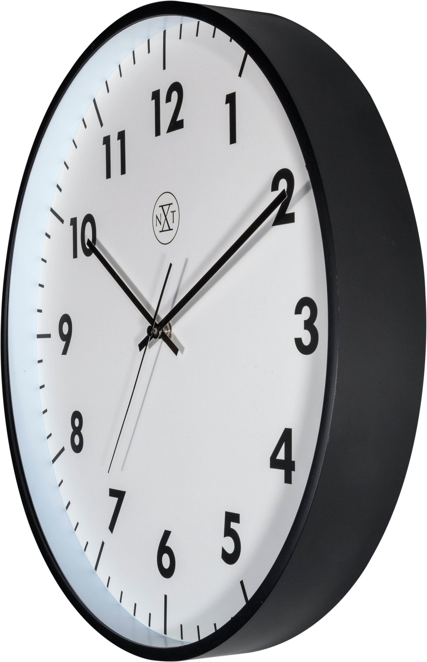 NeXtime Clocks 40 cm plastic wall clock showing a sleek, modern design with black hour and minute hands on a white face.