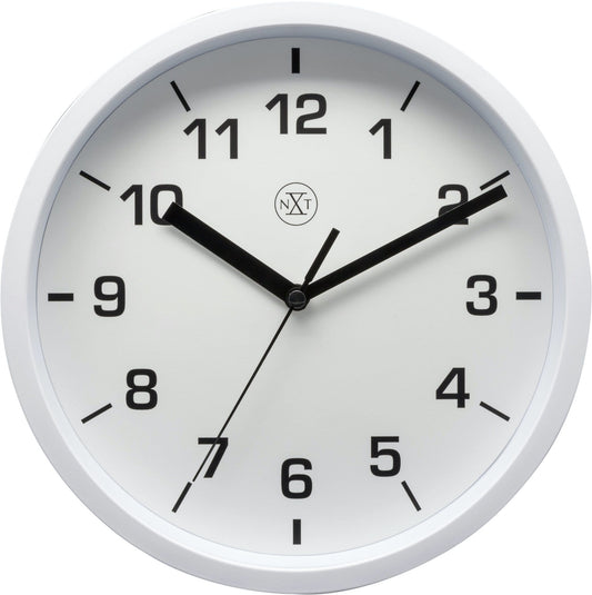 NeXtime Clocks Easy Small 20cm plastic wall clock with black hour and minute hands, white face, and simple design.