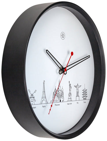 NeXtime Clocks Worldtour wall clock, 30 cm plastic design with a world map theme, shown from the left side.