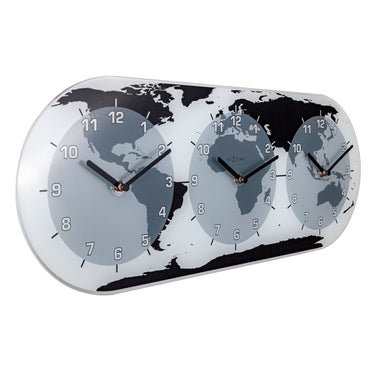 NeXtime Clocks world time wall clock with glass face, 50x18.6x3.6 cm, showing multiple time zones on a sleek design.